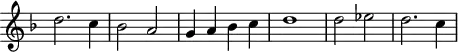 \header {
tagline = ##f
}
\score {
\new Staff \with {
\remove "Time_signature_engraver"
}
<<
\relative c'' {
\key f \major
%\clef bass
\time 2/2
\override TupletBracket #'bracket-visibility = ##f
%%% f° 54v
d2. c4 bes2 a g4 a bes c d1 d2 ees d2. c4
}
>>
\layout {
\context { \Score \remove "Metronome_mark_engraver" }
}
\midi {}
}
