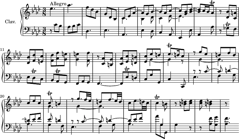 \version "2.18.2"
\header {
tagline = ##f
}
%% les petites notes
trillGesq = { \tag #'print { ges8\trill } \tag #'midi { aes32 ges aes ges } }
trillEesqUp = { \tag #'print { ees'8\trill } \tag #'midi { f32 ees f ees } }
trillAesq = { \tag #'print { aes8\trill } \tag #'midi { bes32 aes bes aes } }
trillDesq = { \tag #'print { des8\trill } \tag #'midi { ees32 des ees des } }
trillEesqp = { \tag #'print { ees8.\trill } \tag #'midi { f32 ees f ees~ ees16 } }
trillCq = { \tag #'print { c8\trill } \tag #'midi { d32 c d c } }
trillC = { \tag #'print { c4\trill } \tag #'midi { d32 c d c~ c8 } }
upper = \relative c'' {
\clef treble
\key aes \major
\time 3/8
\tempo 4. = 72
\set Staff.midiInstrument = #"harpsichord"
\override TupletBracket.bracket-visibility = ##f
s8*0^\markup{Allegro}
ees4. | aes | f8 des bes g des bes | << { \mergeDifferentlyDottedOn c8 ees aes~ | aes8 g bes~ | bes aes c~ | c < g bes >8 < bes des >~ | q c16 bes \trillAesq } \\ { c,4. | bes4 des8 | c4 ees8~ | ees4. } >> |
% m. 10
r8 < des bes' >8 < c a' > | < des bes' > < f des' > < e c' > |
% ms. 12
< f des' >8 < aes f' > < g e' > | q4 < f f' >8 | r8 < c aes' >8 < b g' > < c aes' > < ees c' > < d b' > << { < ees c' > ees' d | \trillEesqp d16 c8 } \\ { s8 g4~ | g4 r8 } >>
% ms. 18
<< { r8 g'8 ees | d f d | c ees c | \trillCq b4 | r8 g'8. f32 ees | d8 f8. ees32 d } \\ { s8 g,4~ g4. | s4. | g4. | s8 g4~ | g4. } >> |
% ms. 24
c8 ees8. d32 c | \trillC b8 | r8 < b d >8 < c ees > | q < b d >4 | r8
}
lower = \relative c' {
\clef bass
\key aes \major
\time 3/8
\set Staff.midiInstrument = #"harpsichord"
% **************************************
r8 c8 bes | aes bes c | des,4. | ees | aes, |
% ms. 6
ees'4 des8 | c4 aes8 | ees4 ees'8 | aes,4 aes'8 | r8 \trillGesq f8 | ees \trillDesq c8 |
% ms. 12
bes8 \trillAesq g8 | f aes g | f4.~ | f8 \trillEesqUp d8 | c g' g, | c4 c,8 |
% ms. 18
<< { r8 r8 c''8~ | c d4~ | d8 ees f | ees8 d4 | r8 r8 c8~ | c d4~ | d8 ees f | s8 g,4 } \\ { ees4. | f4 g8 | aes4. | g4 f8 | ees4. | f4 g8 | aes4. | aes'8 g, g, } >> g'4 r8
% ms. 24
r8 < aes f' >8 < g g' > | < aes f' >4.*1/2
}
thePianoStaff = \new PianoStaff <<
\set PianoStaff.instrumentName = #"Clav."
\new Staff = "upper" \upper
\new Staff = "lower" \lower
>>
\score {
\keepWithTag #'print \thePianoStaff
\layout {
#(layout-set-staff-size 17)
\context {
\Score
\override SpacingSpanner.common-shortest-duration = #(ly:make-moment 1/2)
\remove "Metronome_mark_engraver"
}
}
}
\score {
\keepWithTag #'midi \thePianoStaff
\midi { }
}