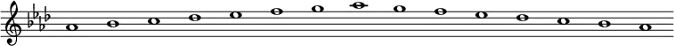 \new Staff {
\relative c'' {
\key as \major
\override Staff.TimeSignature #'stencil = ##f
\override Staff.BarLine #'stencil = ##f
as1 bes c des es f g as g f es des c bes as
}
}
\midi {
\context {
\Score
tempoWholesPerMinute = #(ly:make-moment 120 1)
}
}