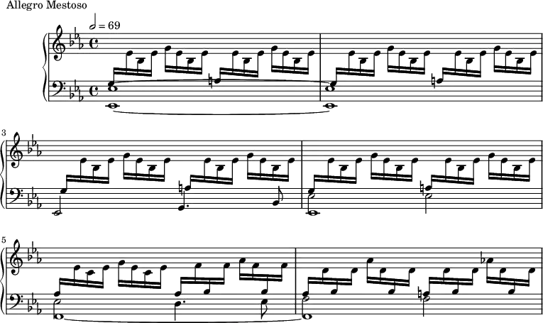 \version "2.18.2"
\header {
tagline = ##f
}
upper = \relative c'' {
\clef treble
\key ees \major
\time 4/4
\tempo 2 = 69
%\autoBeamOff
%%Montgeroult — Étude 62 (pdf p. 198)
% manque la dynamique impossible à mettre dans la boucle de répétition
\repeat unfold 4 { \stemUp \change Staff = "lower" g,16 \stemDown \change Staff = "upper" ees' bes ees g ees bes ees \stemUp \change Staff = "lower" a,16 \stemDown \change Staff = "upper" ees' bes ees g ees bes ees }
\stemUp \change Staff = "lower" aes,16 \stemDown \change Staff = "upper" ees' c ees g ees c ees \stemUp \change Staff = "lower" aes, \stemDown \change Staff = "upper" f' \stemUp \change Staff = "lower" bes, \stemDown \change Staff = "upper" f' aes f \stemUp \change Staff = "lower" bes, \stemDown \change Staff = "upper" f'
\stemUp \change Staff = "lower" aes,16 \stemDown \change Staff = "upper" d \stemUp \change Staff = "lower" bes \stemDown \change Staff = "upper" d aes' d, \stemUp \change Staff = "lower" bes \stemDown \change Staff = "upper" d
\stemUp \change Staff = "lower" a!16 \stemDown \change Staff = "upper" d \stemUp \change Staff = "lower" bes \stemDown \change Staff = "upper" d aes'! d, \stemUp \change Staff = "lower" bes \stemDown \change Staff = "upper" d
\change Staff = "lower"
}
lower = \relative c {
\clef bass
\key ees \major
\time 4/4
< ees ees,>1~ q ees,2 g4. bes8
<< { \stemDown ees2 ees ees d4. ees8 f2 f \stemNeutral } \\ { ees,1 f~ f } >>
}
\header {
piece = "Allegro Mestoso"
}
\score {
\new PianoStaff <<
\new Staff = "upper" \upper
\new Staff = "lower" \lower
>>
\layout {
\context {
\Score
}
}
\midi { }
}