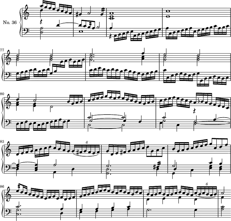 \version "2.18.2"
\header {
tagline = ##f
}
%% les petites notes
Mordgis = { \tag #'print { gis4:16 } \tag #'midi { \times 2/3 { a16 gis a } gis8 } }
Mordfisq = { \tag #'print { fis4:16 } \tag #'midi { \times 2/3 { g16 fis g } fis8 } }
Mordbh = { \tag #'print { b8:32 } \tag #'midi { \times 2/3 { c32 b c } b16 } }
Mordeh = { \tag #'print { e8:32 } \tag #'midi { \times 2/3 { f32 e f } e16 } }
upper = \relative c'' {
\clef treble
\key c \major
\time 4/4
\tempo 2 = 60
\hide Staff.TimeSignature
\set Staff.midiInstrument = #"harpsichord"
\override TupletBracket #'bracket-visibility = ##f
\set Score.currentBarNumber = #74
\partial 2
<< { a'16 g f e d c b a | gis4 a2 \Mordgis | < a e c >1 < c e, > } \\ { d4 s4 } >>
% mes. 77
<< { d2 d e2. f4 | e2 d d4 | c2 \tempo 2 = 50 b16 g a b | c d e f \tempo 2 = 60 g f e f \tempo 2 = 68 e d c b a g a b } \\ { < b g >2 q | < c g >2. < c a >4 | < c g >2 < b g > | < a f >4 < g e > d2 } >>
% mes. 82
c'16 d e f e d c b a bes a g f e d c | d e f g a b c d c b a g \tempo 2 = 56 \times 4/6 { g16( fis g fis e fis) }
% mes. 84
\tempo 2 = 60 g16 d \tempo 2 = 68 e fis g a b c \tempo 2 = 60 d8 g, a c |
% mes. 85
\stemUp b16 g \tempo 2 = 68 a b c d e f \tempo 2 = 60 g8 c, d f | \Mordeh d16 c \tempo 2 = 68 b a g f e f g e f d e f | g a b c d e f e d c e d c b d c
% mes. 88
b16 a b c b a b c \tempo 2 = 60 d c b a \tempo 2 = 56 \times 4/6 { c16( b c b a b) } \tempo 2 = 60 c2
}
lower = \relative c' {
\clef bass
\key c \major
\time 4/4
\hide Staff.TimeSignature
\set Staff.midiInstrument = #"harpsichord"
% ****************
<< { r4 d4~ | d8 c \Mordbh a8 b2 | a4 } \\ { < a d, >2 e1 | r4 \tempo 2 = 50 a,16 b c d e a, b \tempo 2 = 60 c d e f g } >>
a16 c, d e f g a e f g a b c a b c | g a b c d b c d \stemUp g, b \stemDown \change Staff = "upper" e16 f g e f g |
\stemDown \change Staff = "lower" c,16 d e d c d c b c b a g f g a b |
c16 c, e f g f e f g g, b c d c b c | d e f d e c d e f g a f g4
<< { c2~ c c r4 a4~ a~ a a2 } \\ { c,2~ c g' \stemUp f2~ f4 < e c >4 \stemDown a,4 d } \\ { g2~ g4 f \stemDown e c d2~ d4 } >>
% mes. 84
<< { g2. \Mordfisq } \\ { < d g, >2. d4 } >>
% mes. 85
<< { g2 c4 b c2. a4 g4 a b c \stemDown \change Staff = "upper" d4 e f d f } \\ { g,,4 c4 < g' e >4 < f d > | < g c, >2. d4 e f g a g2. g4 < c a >2 } \\ { d,4 } >>
}
thePianoStaff = \new PianoStaff <<
\set PianoStaff.instrumentName = #"No. 36"
\new Staff = "upper" \upper
\new Staff = "lower" \lower
>>
\score {
\keepWithTag #'print \thePianoStaff
\layout {
\context {
\Score
\remove "Metronome_mark_engraver"
\override SpacingSpanner.common-shortest-duration = #(ly:make-moment 1/2)
}
}
}
\score {
\keepWithTag #'midi \thePianoStaff
\midi { }
}