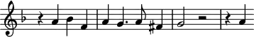 \header {
tagline = ##f
}
\score {
\new Staff \with {
\remove "Time_signature_engraver"
}
<<
\relative c'' {
\key f \major
%\clef bass
\time 4/4
\override TupletBracket #'bracket-visibility = ##f
%%% f° 35
r4 a4 bes f a g4. a8 fis4 g2 r2 r4 a4
}
>>
\layout {
\context { \Score \remove "Metronome_mark_engraver" }
}
\midi {}
}