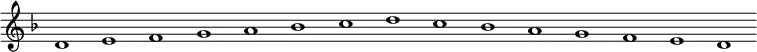 \new Staff {
\relative c' {
\key d \minor
\override Staff.TimeSignature #'stencil = ##f
\override Staff.BarLine #'stencil = ##f
d1 e f g a bes c d c bes a g f e d
}
}
\midi {
\context {
\Score
tempoWholesPerMinute = #(ly:make-moment 120 1)
}
}