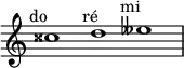 \relative c'' {
\time 3/1
\override Staff.TimeSignature #'stencil = ##f
cisis1^\markup { \center-align "do 𝄪" }
d^\markup { \center-align "ré" }
eeses^\markup { \center-align "mi 𝄫" }
}