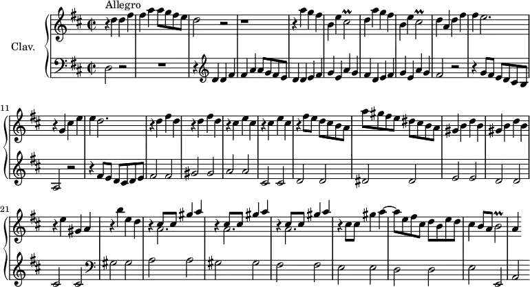 \version "2.18.2"
\header {
tagline = ##f
}
%% les petites notes
trillC = { \tag #'print { cis2\prall } \tag #'midi { d16 cis d cis d cis~ cis8 } }
trillB = { \tag #'print { b2\prall } \tag #'midi { cis16 b cis b cis b~ b8 } }
upper = \relative c'' {
\clef treble
\key d \major
\time 2/2
\tempo 2 = 102
\set Staff.midiInstrument = #"harpsichord"
s8*0^\markup{Allegro} r4 d4 d fis | fis a a8 g fis e | d2 | r2 | r1 | r4 a'4 g fis |
% ms. 6
b,4 e \trillC | d4 a' g fis | b, e \trillC | d4 a d fis | fis e2. |
% ms. 11
r4 g,4 cis e | e d2. | \repeat unfold 2 { r4 d4 fis d } | \repeat unfold 2 { r4 cis4 e cis }
% ms. 17
r4 fis8 e d cis b a | a' gis fis e dis cis b a | \repeat unfold 2 { gis4 b d b } | r4 e4 gis, a |
% ms. 22
r4 b'4 e, d | \repeat unfold 3 { r4 << { cis8 cis gis'4 a } \\ { a,2. } >> } | r4 cis8 cis gis'4 a~ |
% ms. 27
a8 e fis cis d b e d | cis4 b8 a \trillB | a4 % ms. 29
}
lower = \relative c {
\clef bass
\key d \major
\time 2/2
\set Staff.midiInstrument = #"harpsichord"
% **************************************
d2 r2 | R1 | r4 \clef treble d'4 d fis | fis a a8 g fis e | d4 d e fis |
% ms. 6
g4 e a g | fis d e fis | g e a g | fis2 r2 | r4 g8 fis e d cis b |
% ms. 11
a2 r2 | r4 fis'8 e d cis d e | fis2 fis | gis gis | a a | cis, cis |
d2 d | dis2 dis | e e | d d | cis cis |
% ms. 22
\clef bass gis2 gis | a a | gis gis | fis fis | e e |
% ms. 27
d2 d | e e, | a
}
thePianoStaff = \new PianoStaff <<
\set PianoStaff.instrumentName = #"Clav."
\new Staff = "upper" \upper
\new Staff = "lower" \lower
>>
\score {
\keepWithTag #'print \thePianoStaff
\layout {
#(layout-set-staff-size 17)
\context {
\Score
\override SpacingSpanner.common-shortest-duration = #(ly:make-moment 1/2)
\remove "Metronome_mark_engraver"
}
}
}
\score {
\keepWithTag #'midi \thePianoStaff
\midi { }
}
