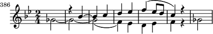 \header {
tagline = ##f
}
\score {
\new Staff \with {
}
<<
\relative c'' {
\key bes \major
\time 2/4
\tempo 4 = 120
\override TupletBracket #'bracket-visibility = ##f
%\autoBeamOff
\set Staff.midiInstrument = #"string ensemble 1"
\set Score.currentBarNumber = #386
\bar ""
%%% AB 5-3 th-trio
<< { s2 r4 bes~ bes c d ees f( ees8 d c4) r4 } \\ { ges2~ ges~ ges( f4) ees d ees f r4 ges2 } >>
}
>>
\layout {
\context { \Score \remove "Metronome_mark_engraver"
}
}
\midi {}
}