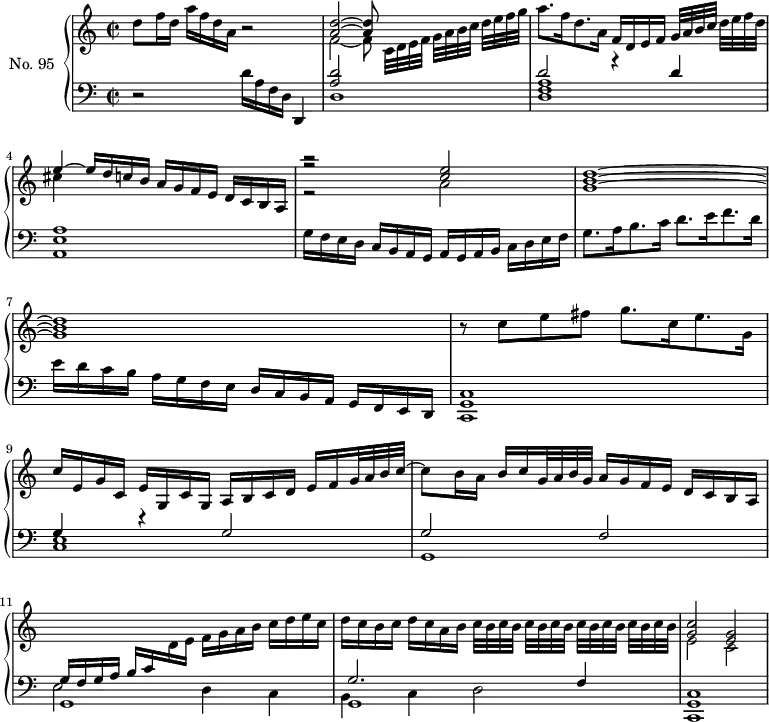 
\version "2.14.2"
\header {
  tagline = ##f
}
upper = \relative c'' {
  \clef treble 
  \key a \minor
  \time 2/2
  \tempo 2 = 52
  %\autoBeamOff
  \set Staff.midiInstrument = #"harpsichord"

    d8[ f16 d] a'[ f d a] r2
    << { < d a >2~ < d a >8 } \\ { f,2~ f8 c32[ d e f] g[ a b c] d[ e f g] } >>
    a8. f16 d8. a16 f[ d e f] g32[ a b c] d[ e f d] 
    << { e4~ e16[ d c! b] a[ g f e] d[ c b a] r2 < e'' c >2 < d b g >1~ < d b g > } \\ { cis4  s2. r2 a2 } \\ { s1 r2} >>
    r8 c8 e fis g8. c,16 e8. g,16 | 
    c[ e, g c,] e[ g, c g] a[ b c d] e[ f g32 a b c~] 
    c8[ b16 a] b[ c g32 a b g] a16[ g f e] d[ c b a] 
    \change Staff = "lower" \stemUp g16[ f g a] b[ c \change Staff = "upper" \stemDown d e] f[ g a b] c[ d e c]
    d[ c b c] d[ c a b] \tempo 2 = 46 \repeat unfold 2 { c32[ b c b] } \tempo 2 = 44 \repeat unfold 2 { c32[ b c b] }
    \tempo 2 = 52
    << { < c g >2 < g e > } \\ { e2 c2 } >>
}

lower = \relative c {
  \clef bass
  \key a \minor
  \time 2/2
  \set Staff.midiInstrument = #"harpsichord"

    r2 d'16[ a f d] d,4
    << { < d'' a >2 s2 d2 r4 d4 a1 } \\ { d,1 < a' f d >1 < e a, > } >>
    g16[ f e d] c b a g a[ g a b] c[ d e f] g8. a16 b8. c16 d8. e16 f8. d16 e[ d c b] a[ g f e] d[ c b a] g[ f e d]
    % ms. 8
    \relative c'
    < c, g c, >1
    << { g'4 r4 g2 g2 f } \\ { < e c >1 g,1 } >>
    % ms. 11
    << { s1 g'2. f4 } \\ { g,1 g } \\ { \stemDown e'2 d4 c b c d2 } >>
    < c g c, >1
    
}

\score {
  \new PianoStaff <<
    \set PianoStaff.instrumentName = #"No. 95"
    \new Staff = "upper" \upper
    \new Staff = "lower" \lower
  >>
  \layout {
    \context {
      \Score
      \remove "Metronome_mark_engraver"
    }
  }
  \midi { }
}
