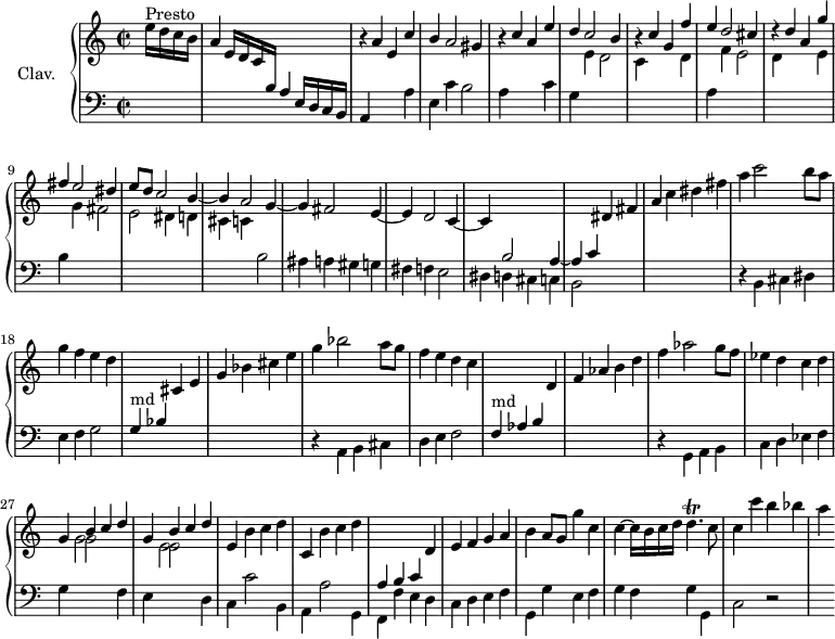 \version "2.18.2"
\header {
tagline = ##f
}
%% les petites notes
trillD = { \tag #'print { d4.\trill } \tag #'midi { e32 d e d e d~ d16~ d8 } }
% \repeat unfold 2 {}
upper = \relative c'' {
\clef treble
\key a \minor
\time 2/2
\tempo 2 = 88
\set Staff.midiInstrument = #"harpsichord"
\partial 4
s8*0^\markup{Presto} e16 d c b | a4 \stemUp e16 d c \change Staff = "lower" b a4 s4 \change Staff = "upper" r4 a'4 e c' | b a2 gis4 | r4 c4 a e' \stemUp | d c2 b4 | \stemUp r4 c g f' |
% ms. 7
e4 d2 cis4 | r4 d4 a g' fis e2 dis4 | e8 d c2 b4~ | b a2 g4~ | g fis2 e4~ | e d2 c4~ |
% ms. 14
c4 \stemUp \change Staff = "lower" b2 a4~ | a c \stemNeutral \change Staff = "upper" dis4 fis | a c dis fis | a4 c2 b8 a | g4 f e d | \stemUp \change Staff = "lower" g,,4^\markup{md} bes \stemNeutral \change Staff = "upper" cis4 e | g bes cis e |
% ms. 21
g4 bes2 a8 g | f4 e d c | \stemUp \change Staff = "lower" f,,4^\markup{md} aes b \stemNeutral \change Staff = "upper" d4 f aes b d | f aes2 g8 f | ees4 d c d | << { g,4 b c d | g,4 b c d } \\ { s4 g,2 s2 e2 s4 } >> |
% ms. 29
e4 b' c d | c,4 b' c d | \stemUp \change Staff = "lower" a,4 b c \stemNeutral \change Staff = "upper" d4 e f g a | b a8 g g'4 c, | c4~ c16 b c d \trillD c8 |
% ms. 35
c4 c' b bes | a
}
lower = \relative c' {
\clef bass
\key a \minor
\time 2/2
\set Staff.midiInstrument = #"harpsichord"
% *****************************
s4 s2. e,16 d c b | a4 s2 a'4 | e c' b2 | a4 s2 c4 | g \stemDown \change Staff = "upper" e' d2 | c4 s2 d4 |
\change Staff = "lower" a4 \stemDown \change Staff = "upper" f'4 e2 | d4 s2 e4 | \change Staff = "lower" b4 \stemDown \change Staff = "upper" g'4 fis2 | e dis4 d | cis c \change Staff = "lower" b2 | ais4 a gis g | fis f e2 |
% ms. 14
dis4 d cis c | b2 s2 s1 | r4 b4 cis dis | e f g2 | s1 s1 |
% ms. 21
r4 a,4 b cis d e f2 | s1 s1 | r4 g,4 a b c d ees f | g \stemDown \change Staff = "upper" g'2 \change Staff = "lower" f,4
% ms. 28
e4 \stemDown \change Staff = "upper" e'2 \change Staff = "lower" d,4 | c c'2 b,4 | a a'2 g,4 | f f' e d | c d e f | g, g' e f g f g g, |
% ms. 35
c2 r2 | s4
}
thePianoStaff = \new PianoStaff <<
\set PianoStaff.instrumentName = #"Clav."
\new Staff = "upper" \upper
\new Staff = "lower" \lower
>>
\score {
\keepWithTag #'print \thePianoStaff
\layout {
#(layout-set-staff-size 17)
\context {
\Score
\override SpacingSpanner.common-shortest-duration = #(ly:make-moment 1/2)
\remove "Metronome_mark_engraver"
}
}
}
\score {
\keepWithTag #'midi \thePianoStaff
\midi { }
}