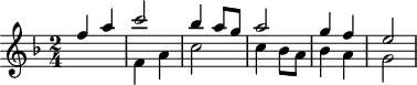 \header {
tagline = ##f
}
\score {
\new Staff \with {
}
<<
\relative c'' {
\key f \major
\time 2/4
\override TupletBracket #'bracket-visibility = ##f
%\autoBeamOff
%%%%%%%%%%%%%%%%%%%%%%%%%% K15h
<< { f4 a c2 bes4 a8 g a2 g4 f e2 } \\ { s2 f,4 a c2 c4 bes8 a bes4 a g2 } >>
}
>>
\layout {
\context {
\remove "Metronome_mark_engraver"
}
}
\midi {}
}