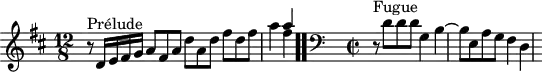 \version "2.18.2"
\header {
tagline = ##f
}
\score {
\new Staff \with {
%fontSize = #-2
}
<<
\relative c' {
\key d \major
\time 12/8
\set Staff.midiInstrument = #"harpsichord"
%% INCIPIT CBT II-5, BWV 874, ré majeur
r8^\markup{Prélude} d16 e fis g a8 fis a d a d fis d fis | a4 << { a4 } \\ { fis4 } >> | \once \override Staff.TimeSignature #'stencil = ##f \time 4/8 \bar ".."
\skip 16*1
\override Staff.Clef.extra-offset = #'( -1 . 0 )
\clef bass
\time 2/2
r8^\markup{Fugue} d,8 d d g,4 b~ b8 e, a g fis4 d
}
>>
\layout {
\context { \Score \remove "Metronome_mark_engraver"
\override SpacingSpanner.common-shortest-duration = #(ly:make-moment 1/2)
}
}
\midi {}
}