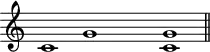 \header {
tagline = ##f
}
\score {
\new Staff \with {
\remove "Time_signature_engraver"
}
\relative c' {
\key c \major
\time 9/1
\tempo 2 = 50
\autoBeamOff
\clef treble
\override Rest #'style = #'classical
c1 g' s1 << c,1 g' >>
\bar "||"
}
\layout {
\context {
\Score
\remove "Metronome_mark_engraver"
}
}
\midi {}
}
