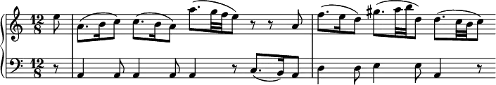 \version "2.18.2"
\header {
tagline = ##f
}
upper = \relative c'' {
\clef treble
\key a \minor
\time 12/8
\tempo 4. = 58
\tempo "Siciliana"
\override TupletBracket.bracket-visibility = ##f
\set Staff.midiInstrument = #"recorder"
%%Telemann, exemple Sicilienne
\partial 8 e8
a,8.( b16 c8) c8.( b16 a8) a'8.( g32 f e8) r8 r8 a,8 | f'8.( e16 d8) gis8.( a32 b d,8) d8.( c32 b c8)
}
lower = \relative c {
\clef bass
\key a \minor
\time 12/8
\set Staff.midiInstrument = #"orchestral harp"
r8 | a4 a8 a4 a8 a4 r8 c8.( b16) a8 | d4 d8 e4 e8 a,4 r8
%% \figuremode {
%% s4.*3 < 6 >4. s4. < _+ >4 < 7_+ >8 < 5 4 >4
%% }
}
\header {
piece = ""
}
\score {
\new PianoStaff <<
\new Staff = "upper" \upper
\new Staff = "lower" \lower
>>
\layout {
\context {
\Score
\remove "Metronome_mark_engraver"
}
}
\midi { }
}