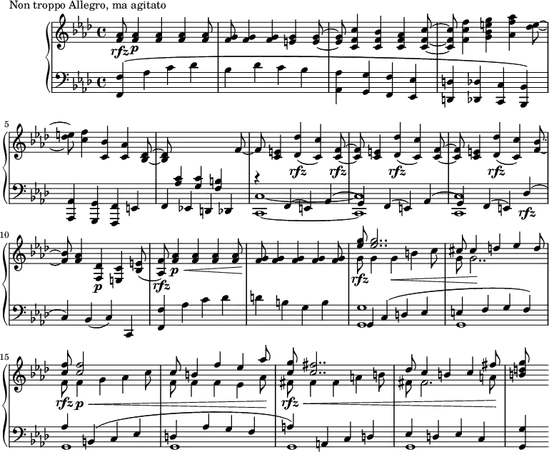 \version "2.18.2"
\header {
tagline = ##f
}
upper = \relative c'' {
\clef treble
\key f \minor
\time 4/4
\tempo 2 = 84
%\autoBeamOff
%%Montgeroult — Étude 114 (pdf p. 220)
< aes f >8\rfz q4\p q q q8 < g f >8 q4 q < g e >4 q8~ < g e >8 < c f, c >4 < bes f c > < aes f c > < c f, c >8~ < c f, c >8
< f c f, >4 < g e bes g > < aes f aes, > < e des >8~
< e des >8 < f c >4 < bes, c, > < aes c, > < des, bes >8~ q
\stemUp \change Staff = "lower" < c aes >4 < c g > < b f >
\change Staff = "upper" f'8~ f < e c >4 < des' des, >(\rfz < c c, >) < f, c >8~\rfz q < e c >4 < des' des, >(\rfz < c c, >) < f, c >8~ q < e c >4 < des' des, >(\rfz < c c, >) < bes f >8~ q
< aes f >4 < des, f, >\p < c e, > < e bes >8( < f aes, >)\rfz
< aes f >4\p\< q4 q q8 < g f >8\! q4 q q q8
<< { < g' ees >8\rfz q2.. cis,8 cis4 d ees d8 | < f c >8 q2 s4 s8 c8 b4 f' ees aes8 | < g c, >8 < fis c >2.. des8 c4 b c fis8 } \\ { g,8 g4 g\< b c8 g8 g2..\! f8\rfz f4\p\< g aes c8 f, f4 f ees aes8\! fis8\rfz\< fis4 fis a b8 fis fis2. a8\! } >>
< g' d b >8
}
lower = \relative c {
\clef bass
\key f \minor
\time 4/4
< f f, >4\( aes c des bes des c bes < aes aes, >4 < g g, > < f f, > < ees ees, > < d d, > < des des, > < c c, > < bes bes, >\)
< aes aes, > < g g, > < f f, > e f ees! d des
<< { r4 f4( e) aes( g) f4( e) aes( g) f4( e) des'(\rfz c) } \\ { < c c, >1~ q q } >>
bes4( c) c, < f' f, > aes4 c des d b g b
<< { g,4 c( d ees e f g f) aes b,( c ees d aes' g f a)^\( a, c d ees d ees c } \\ { < g' g, >1 g,1 g g g g } >>
< g' g, >4\)
}
\header {
piece = "Non troppo Allegro, ma agitato"
}
\score {
\new PianoStaff <<
\new Staff = "upper" \upper
\new Staff = "lower" \lower
>>
\layout {
\context {
\Score
\remove "Metronome_mark_engraver"
}
}
\midi { }
}