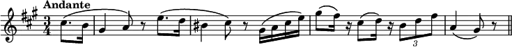 \new Staff {
\relative c'' {
\key a \major
\time 3/4
\tempo "Andante"
\partial 4
cis8.\( b16
gis4 a8 \)r8
e'8.\( d16
bis4 cis8\) r8
gis16\( a16 cis16 e16\)
gis8\( fis16\) r16
cis8\( d16\) r16
\times 2/3 { b8 d8 fis8 }
a,4\( gis8\) r8
\bar "||"
}
}