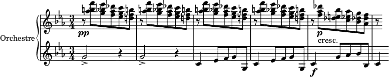 \version "2.14.2"
\header {
tagline = ##f
}
upper = \relative c'' {
\clef treble
\key ees \major
\time 3/4
\tempo 4 = 110
%\autoBeamOff
\set Staff.midiInstrument = #"string ensemble 1"
%%%%%%%%%%%%%%%%% AB-8-2 th1
r8\pp \repeat unfold 4 { < f' b,! aes >8 < ees bes g > < des aes f > < c g ees > < b! f d! > r8 }
< des aes f >8\p-"cresc." < bes e,! des > < aes ees c > < g des! bes > < f des aes > r8
}
lower = \relative c' {
\clef bass
\key ees \major
\time 3/4
\set Staff.midiInstrument = #"string ensemble 1"
\clef treble \repeat unfold 2 { g'2-> r4 } \repeat unfold 2 { c,4 ees8 f g g, } c4\f g'8 aes bes bes, c4
}
\score {
\new PianoStaff <<
\set PianoStaff.instrumentName = #"Orchestre"
\new Staff = "upper" \upper
\new Staff = "lower" \lower
>>
\layout {
\context {
\Score
\remove "Metronome_mark_engraver"
}
}
\midi { }
}