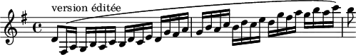 \version "2.18.2"
\header {
tagline = ##f
% composer = "Mozart"
% opus = ""
% meter = "Allegro"
}
\score {
<<
\relative c'' {
\key g \major
\time 4/4
\tempo 4 = 110
\override TupletBracket #'bracket-visibility = ##f
%%%%%%
d,8^"version éditée" fis,16( a g b a c b d c e d g fis a g b a c b d c e d g fis a g b a c) b8
}
>>
\layout {
#(layout-set-staff-size 17)
\context { \Score \remove "Metronome_mark_engraver"
\override SpacingSpanner.common-shortest-duration = #(ly:make-moment 1/2)
}
}
\midi { \set Staff.midiInstrument = #"clarinet" }
}
