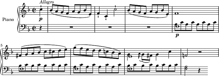 \version "2.18.2"
\header {
tagline = ##f
}
upper = \relative c' {
\clef treble
\key f \major
\time 2/2
\tempo "Allegro"
\tempo 4 = 120
%\autoBeamOff
\partial 4 c'4-! \p^\markup \italic { Allegro }
bes8 (a g f a g bes e,)
f4-! c-! c'2-!
bes8 (a g f a g bes e,)
f1
fis8 (g a bes c cis d e)
g (f e d d c! bes a)
<< {e1} \\ {g4 \grace a16 (g8) (fis) g4 c} >>
f,!2 r
}
lower = \relative c {
\clef bass
\key f \major
\time 2/2
\set Staff.midiMinimumVolume = #0.2 \set Staff.midiMaximumVolume = #0.5
\partial 4 r4 R1 R1 R1
<<{f1\p f f f} \\ {\repeat unfold 4 {a8 c} \repeat unfold 4 {bes8 c} \repeat unfold 4 {a8 c} \repeat unfold 4 {bes8 c}}>>
<f, a>2 r4
}
\score {
\new PianoStaff <<
\set PianoStaff.instrumentName = #"Piano"
\new Staff = "upper" \upper
\new Staff = "lower" \lower
>>
\layout {
\context {
\Score
\remove "Metronome_mark_engraver"
}
}
\midi { }
}