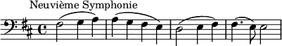 \new Score {
\new Staff {
\relative c {
\time 4/4
\key d \major
\clef bass
\tempo 2 = 60
\omit Score.MetronomeMark
fis2^\markup { \halign #-0.5 "Neuvième Symphonie"}( g4 a) | a4( g fis e) | d2( e4 fis) | fis4.( e8) e2
}
}
}