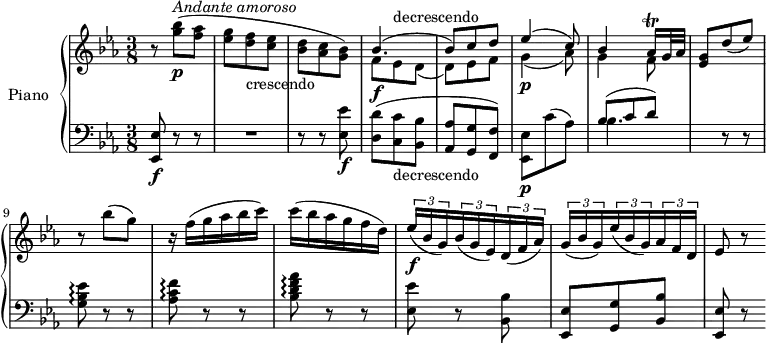 \version "2.18.2"
\header {
tagline = ##f
}
upper = \relative c' {
\clef treble
\key ees \major
\time 3/8
\tempo "Andante amoroso"
\tempo 4 = 50
r8 <g'' bes>8 \p ^\markup{ \italic { Andante amoroso} } (<f aes> <ees g> <d f> _\markup { crescendo} <c ees> <bes d> <aes c> <g bes>)
<<{\stemDown f8 \f ees ^ \markup {decrescendo} d _ (d) ees f g4 \p _(aes8) g4 f8 } \\
{ \stemUp bes4. ^(bes8) c d ees4 ^(c8) bes4 aes16 ^\trill g32 aes}>>
<ees g>8 d'(ees)
r bes' (g)
r16 f (g aes bes c)
c (bes aes g f d)
\tuplet 3/2 {ees16 \f (bes g)} \tuplet 3/2 {bes (g ees)} \tuplet 3/2 {d (f aes)}
\tuplet 3/2 {g (bes g)} \tuplet 3/2 {ees'16 (bes g)} \tuplet 3/2 {aes f d}
ees8 r
}
lower = \relative c {
\clef bass
\key ees \major
\time 3/8
<ees, ees'>8\f r r R1*3/8 r8 r <ees' ees'> \f
<d d'> (<c c'> _\markup {decrescendo} <bes bes'> <aes aes'> <g g'> <f f'>)
<ees ees'> \p c'' (aes)
<<{\stemDown bes4. } \\ { \stemUp bes8 ^ (c d)}>>
s8 r r
<g, bes ees>8 \arpeggio r r
<aes c f>8 \arpeggio r r
<bes d f aes>8 \arpeggio r r
<ees, ees'> r <bes bes'>
<ees, ees'> <g g'> <bes bes'>
<ees, ees'> r
}
\score {
\new PianoStaff <<
\set PianoStaff.instrumentName = #"Piano"
\new Staff = "upper" \upper
\new Staff = "lower" \lower
>>
\layout {
\context {
\Score
\remove "Metronome_mark_engraver"
}
}
\midi { }
}