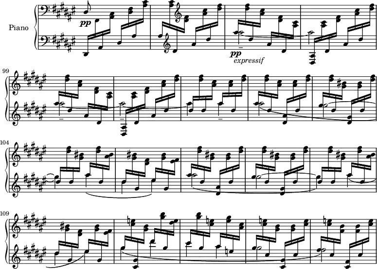 
\version "2.18.2"
\header {
  tagline=##f
}
upper=\relative c' {
  %\clef treble 
  \key fis \major
  \time 2/4
  \omit Staff.TimeSignature
  \tempo 4=130 % ravel note 144, mais sonne mieux pour l'exemple
  \tempo "Vif"
  \set Score.currentBarNumber=#95
  \set Staff.midiInstrument=#"acoustic grand"

  \clef bass \stemUp dis,8\pp s8 s4*3

  % ms. 97 à 100
  \change Staff="lower" \clef treble \stemDown ais'''2_-_~-\tweak stencil ##f \fff ais-\tweak stencil ##f \fff ais2_-_~ -\tweak stencil ##f \fff ais_-_~ ais4-\tweak stencil ##f \fff ais4_--\tweak stencil ##f \fff \repeat unfold 2 { ais2_\(-\tweak stencil ##f \fff gis~-\tweak stencil ##f \fff gis4_\) ais4_\(-\tweak stencil ##f \fff dis,-\tweak stencil ##f \fff eis\) } gis4_\( dis'-\tweak stencil ##f \fff cis4-\tweak stencil ##f \fff ais-\tweak stencil ##f \fff gis2-\tweak stencil ##f \fff fis\) % fin ms. 113

}

lower=\relative c {
  \clef bass
  \key fis \major
  \time 2/4
  \omit Staff.TimeSignature
  \set Staff.midiInstrument=#"acoustic grand"
  \set Score.proportionalNotationDuration=#(ly:make-moment 1/16)

   % ms. 95
   dis,16  \change Staff="upper"   fis16   \change Staff="lower"  ais  \change Staff="upper"  < ais cis >16
   \change Staff="lower" \stemUp  dis16  \change Staff="upper" \stemDown  < dis fis >16  \repeat unfold 2 {  \change Staff="lower" \stemUp  ais'  \change Staff="upper" \stemDown < ais cis >16 }

   % ms. 96 suite
   \change Staff="lower" \stemUp \clef treble dis16  \change Staff="upper" \stemDown  \clef treble < dis fis >16   \change Staff="lower" \stemUp  ais'  \change Staff="upper" \stemDown < ais cis >16 \change Staff="lower" \stemUp  dis  \change Staff="upper" \stemDown < dis fis >16 

   % ms. 97 et 98 * 99 et 100
   s4*0\pp-\markup { \italic "expressif"}
   \clef treble
   \repeat unfold 2 {

   % ms. 97 et 99
   \change Staff="lower" \stemUp  ais'16  \change Staff="upper" \stemDown  < dis, fis >16  
    \change Staff="lower" \stemUp  dis16  \change Staff="upper" \stemDown < ais cis >16 
   \change Staff="lower" \stemUp  ais16  \change Staff="upper" \stemDown  < dis, fis >16  
    \change Staff="lower" \stemUp  dis16  \change Staff="upper" \stemDown < ais cis >16

   % ms. 98 et 100
   \change Staff="lower" \stemUp  < dis, ais' >16  \change Staff="upper" \stemDown \clef treble < ais' cis >16  
    \change Staff="lower" \stemUp  dis16  \change Staff="upper" \stemDown < dis fis >16
   \change Staff="lower" \stemUp  ais'  \change Staff="upper" \stemDown  < ais cis >16  
    \change Staff="lower" \stemUp  dis16  \change Staff="upper" \stemDown < dis fis >16
   } % repet

   % ms. 101
   \change Staff="lower" \stemUp  dis16  \change Staff="upper" \stemDown \clef treble < dis fis >16  
    \change Staff="lower" \stemUp  dis16  \change Staff="upper" \stemDown < ais cis >16
   \change Staff="lower" \stemUp  ais'16  \change Staff="upper" \stemDown \clef treble < ais, cis >16  
    \change Staff="lower" \stemUp  dis16  \change Staff="upper" \stemDown < dis fis >16

   % ms. 102
   \change Staff="lower" \stemUp  ais'16  \change Staff="upper" \stemDown \clef treble < dis, fis >16  
    \change Staff="lower" \stemUp  dis16  \change Staff="upper" \stemDown < ais cis >16
   \change Staff="lower" \stemUp  < dis, ais' >16  \change Staff="upper" \stemDown \clef treble < ais' cis >16  
    \change Staff="lower" \stemUp  dis16  \change Staff="upper" \stemDown < dis fis >16

   % ms. 103
   \change Staff="lower" \stemUp  gis16  \change Staff="upper" \stemDown \clef treble < dis fis >16  
    \change Staff="lower" \stemUp  dis16  \change Staff="upper" \stemDown < gis, bis >16
   \change Staff="lower" \stemUp  < dis gis >16  \change Staff="upper" \stemDown \clef treble < gis bis >16  
    \change Staff="lower" \stemUp  dis'16  \change Staff="upper" \stemDown < dis fis >16

   % ms. 104
   \change Staff="lower" \stemUp  dis16  \change Staff="upper" \stemDown \clef treble < dis fis >16  
    \change Staff="lower" \stemUp  dis16  \change Staff="upper" \stemDown < gis, bis >16
   \change Staff="lower" \stemUp  ais'16  \change Staff="upper" \stemDown \clef treble < dis, fis >16  
    \change Staff="lower" \stemUp  dis16  \change Staff="upper" \stemDown < ais bis >16

   % ms. 105
   \change Staff="lower" \stemUp  dis16  \change Staff="upper" \stemDown \clef treble < gis, bis >16  
    \change Staff="lower" \stemUp  gis16  \change Staff="upper" \stemDown < dis fis >16
   \change Staff="lower" \stemUp  eis'16  \change Staff="upper" \stemDown \clef treble < gis, bis >16  
    \change Staff="lower" \stemUp  gis16  \change Staff="upper" \stemDown < eis fis >16

   % ms. 106
   \change Staff="lower" \stemUp  ais'16  \change Staff="upper" \stemDown \clef treble < dis, fis >16  
    \change Staff="lower" \stemUp  dis16  \change Staff="upper" \stemDown < gis, bis >16
   \change Staff="lower" \stemUp  < dis ais' >16  \change Staff="upper" \stemDown \clef treble < gis bis >16  
    \change Staff="lower" \stemUp  dis'16  \change Staff="upper" \stemDown < dis fis >16

   % ms. 107
   \change Staff="lower" \stemUp  gis16  \change Staff="upper" \stemDown \clef treble < dis fis >16  
    \change Staff="lower" \stemUp  dis16  \change Staff="upper" \stemDown < gis, bis >16
   \change Staff="lower" \stemUp  < dis gis >16  \change Staff="upper" \stemDown \clef treble < gis bis >16  
    \change Staff="lower" \stemUp  dis'16  \change Staff="upper" \stemDown < dis fis >16

   % ms. 108=104
   \change Staff="lower" \stemUp  dis16  \change Staff="upper" \stemDown \clef treble < dis fis >16  
    \change Staff="lower" \stemUp  dis16  \change Staff="upper" \stemDown < gis, bis >16
   \change Staff="lower" \stemUp  ais'16  \change Staff="upper" \stemDown \clef treble < dis, fis >16  
    \change Staff="lower" \stemUp  dis16  \change Staff="upper" \stemDown < ais bis >16

   % ms. 109=105
   \change Staff="lower" \stemUp  dis16  \change Staff="upper" \stemDown \clef treble < gis, bis >16  
    \change Staff="lower" \stemUp  gis16  \change Staff="upper" \stemDown < dis fis >16
   \change Staff="lower" \stemUp  eis'16  \change Staff="upper" \stemDown \clef treble < gis, bis >16  
    \change Staff="lower" \stemUp  gis16  \change Staff="upper" \stemDown < eis fis >16

   % ms. 110
   \change Staff="lower" \stemUp  gis'16  \change Staff="upper" \stemDown \clef treble < cis, e >16  
    \change Staff="lower" \stemUp  < cis, gis' >16  \change Staff="upper" \stemDown < gis' b >16
   \change Staff="lower" \stemUp  dis''16  \change Staff="upper" \stemDown \clef treble < gis, b >16  
    \change Staff="lower" \stemUp  gis16  \change Staff="upper" \stemDown < dis e >16

   % ms. 111
   \change Staff="lower" \stemUp  cis'16  \change Staff="upper" \stemDown \clef treble < gis b >16  
    \change Staff="lower" \stemUp  gis16  \change Staff="upper" \stemDown < cis, e >16
   \change Staff="lower" \stemUp  ais'16  \change Staff="upper" \stemDown \clef treble < e gis >16  
    \change Staff="lower" \stemUp  e16  \change Staff="upper" \stemDown < ais, cis >16

   % ms. 112
   \change Staff="lower" \stemUp  gis'16  \change Staff="upper" \stemDown \clef treble < cis, e >16  
    \change Staff="lower" \stemUp  cis16  \change Staff="upper" \stemDown < gis b >16
   \change Staff="lower" \stemUp  < cis, gis' >16  \change Staff="upper" \stemDown \clef treble < gis' b >16  
    \change Staff="lower" \stemUp  cis16  \change Staff="upper" \stemDown < cis e >16

   % ms. 113|il faut bien aller au bout du chant...
   \change Staff="lower" \stemUp  fis16  \change Staff="upper" \stemDown \clef treble < cis e >16  
    \change Staff="lower" \stemUp  cis16  \change Staff="upper" \stemDown < fis, b >16
   \change Staff="lower" \stemUp  < cis fis >16  \change Staff="upper" \stemDown \clef treble < fis b >16  
    \change Staff="lower" \stemUp  cis'16  \change Staff="upper" \stemDown < cis e >16

}

\score {
  \new PianoStaff <<
    \set PianoStaff.instrumentName=#"Piano"
    \new Staff="upper" \upper
    \new Staff="lower" \lower
  >>
  \layout {
    #(layout-set-staff-size 16)
    \context {
      \Score
      \override SpacingSpanner.common-shortest-duration=#(ly:make-moment 1/3)
      \remove "Metronome_mark_engraver"
    }
  }
  \midi { }
}
