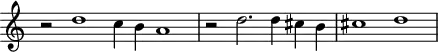 \header {
tagline = ##f
}
\score {
\new Staff \with {
\remove "Time_signature_engraver"
}
<<
\relative c'' {
\key c \major
%\clef bass
\time 3/1
\override TupletBracket #'bracket-visibility = ##f
%%% f° 2
r2 d1 c4 b a1 \time 4/2 r2 d2. d4 cis b cis1 d
}
>>
\layout {
\context { \Score \remove "Metronome_mark_engraver" }
}
\midi {}
}