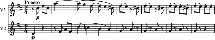 <<
\new Staff \with { instrumentName = #"V1 "}
\relative c'' {
\version "2.18.2"
\key d \major
\tempo "Presto"
\time 2/4
\tempo 4 = 160
r8 d8\p fis d
a'2 ~
a8 (g4 fis8 ~
fis e4 dis8)
fis (e) r8 dis
fis (e) r8 dis
fis (e) e-. dis-.
fis (e) e-. e-.
}
\new Staff \with { instrumentName = #"V2 "}
\relative c'' {
\key d \major
\time 2/4
d,4\p r4
r8 fis a fis
d'4 (c b a)
g8 r8 a r8
g8 r8 a r8
g8 r8 a r8
g8 r8 r4
}
>>