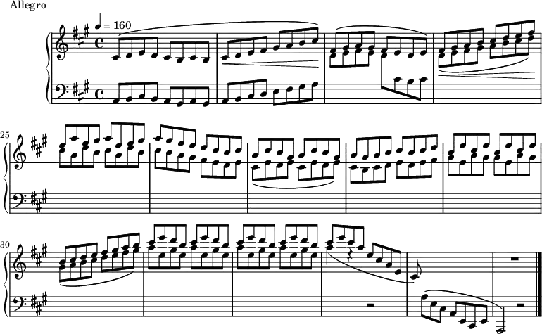 \version "2.18.2"
\header {
tagline = ##f
}
upper = \relative c' {
\clef treble
\key a \major
\time 4/4
\tempo 4 = 160
\set Score.currentBarNumber = #21
\override TupletBracket.bracket-visibility = ##f
%%Montgeroult — Étude 1 (pdf p. 16)
cis8^( d e d cis b cis b | cis\< d e fis gis a b cis\!)
<< { fis,8( gis a gis fis e d e) } \\ { d8 e fis e } >>
<< { fis8 gis a b cis d e fis | e8 a fis gis a e fis gis } \\ { d,(\< e fis gis a b cis d)\! \repeat unfold 2 { cis8 a d b } } >>
% ms 26
<< { a'8 gis fis e d cis b cis | \repeat unfold 2 { a8 cis b gis } | a8 gis a b cis b cis d | \repeat unfold 2 { b8 e cis e } } \\ { cis8 b a gis fis e d e | \repeat unfold 2 { cis e d e } } { s1) s2( s4 s8 s8) | cis8 b cis d e d e fis | \repeat unfold 2 { gis e a gis } } \\ { s1_( s1 s1) s2^( s4 s8 s8) } >>
<< { b cis d e fis gis a b | \repeat unfold 4 { cis e d b } cis e cis a e cis a e } \\ { gis( a b cis d e fis gis) | \repeat unfold 4 { a e gis e } a4( e4\rest s2 \stemUp cis,8) } >>
s4. s2 R1
}
lower = \relative c {
\clef bass
\key a \major
\time 4/4
a8 b cis b a gis a gis | a b cis d e fis gis a | s2 \change Staff = "upper" d8 \change Staff = "lower" cis b cis
s2*19 r2 s8 a8( e cis a e cis e a,2) r2 \bar "|."
}
\header {
piece = "Allegro"
}
\score {
\new PianoStaff <<
\new Staff = "upper" \upper
\new Staff = "lower" \lower
>>
\layout {
\context {
\Score
}
}
\midi { }
}