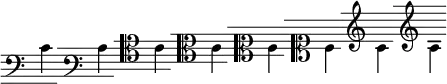 \version "2.18.0"
\paper {
indent = #0
paper-width = #132
}
\header {
tagline = ##f
}
\score {
\new Staff \relative c' {
% Clef de Fa
\set Staff.clefGlyph = #"clefs.F"
\set Staff.clefPosition = #2
\set Staff.middleCPosition = #6
%\set Staff.middleCClefPosition = #6
c4
% Clef de Fa 3
\stopStaff
\override Staff.StaffSymbol.line-positions = #'(-2 0 2 4 6)
\startStaff
\once \override Voice.NoteHead.stencil = ##f
\once \override Voice.Stem.stencil = ##f
c
\once \override Staff.Clef.full-size-change = ##t
\set Staff.forceClef = ##t
\set Staff.clefGlyph = #"clefs.F"
\set Staff.clefPosition = #2
\set Staff.middleCPosition = #6
%\set Staff.middleCClefPosition = #6
c
% Clef d'Ut 4
\stopStaff
\override Staff.StaffSymbol.line-positions = #'(0 2 4 6 8)
\startStaff
\once \override Voice.NoteHead.stencil = ##f
\once \override Voice.Stem.stencil = ##f
c
\once \override Staff.Clef.full-size-change = ##t
\set Staff.forceClef = ##t
\set Staff.clefGlyph = #"clefs.C"
\set Staff.clefPosition = #6
\set Staff.middleCPosition = #6
%\set Staff.middleCClefPosition = #6
c
% Clef d'Ut 3
\stopStaff
\override Staff.StaffSymbol.line-positions = #'(2 4 6 8 10)
\startStaff
\once \override Voice.NoteHead.stencil = ##f
\once \override Voice.Stem.stencil = ##f
c
\once \override Staff.Clef.full-size-change = ##t
\set Staff.forceClef = ##t
\set Staff.clefGlyph = #"clefs.C"
\set Staff.clefPosition = #6
\set Staff.middleCPosition = #6
%\set Staff.middleCClefPosition = #6
c
% Clef d'Ut 2
\stopStaff
\override Staff.StaffSymbol.line-positions = #'(4 6 8 10 12)
\startStaff
\once \override Voice.NoteHead.stencil = ##f
\once \override Voice.Stem.stencil = ##f
c
\once \override Staff.Clef.full-size-change = ##t
\set Staff.forceClef = ##t
\set Staff.clefGlyph = #"clefs.C"
\set Staff.clefPosition = #6
\set Staff.middleCPosition = #6
%\set Staff.middleCClefPosition = #6
c
% Clef d'Ut 1
\stopStaff
\override Staff.StaffSymbol.line-positions = #'(6 8 10 12 14)
\startStaff
\once \override Voice.NoteHead.stencil = ##f
\once \override Voice.Stem.stencil = ##f
c
\once \override Staff.Clef.full-size-change = ##t
\set Staff.forceClef = ##t
\set Staff.clefGlyph = #"clefs.C"
\set Staff.clefPosition = #6
\set Staff.middleCPosition = #6
%\set Staff.middleCClefPosition = #6
c
% Clef de Sol
\stopStaff
\override Staff.StaffSymbol.line-positions = #'(8 10 12 14 16)
\startStaff
\once \override Voice.NoteHead.stencil = ##f
\once \override Voice.Stem.stencil = ##f
c
\once \override Staff.Clef.full-size-change = ##t
\set Staff.forceClef = ##t
\set Staff.clefGlyph = #"clefs.G"
\set Staff.clefPosition = #10
\set Staff.middleCPosition = #6
%\set Staff.middleCClefPosition = #6
s
c
% Clef de Sol 1
\stopStaff
\override Staff.StaffSymbol.line-positions = #'(10 12 14 16 18)
\startStaff
\once \override Voice.NoteHead.stencil = ##f
\once \override Voice.Stem.stencil = ##f
c
\once \override Staff.Clef.full-size-change = ##t
\set Staff.forceClef = ##t
\set Staff.clefGlyph = #"clefs.G"
\set Staff.clefPosition = #10
\set Staff.middleCPosition = #6
%\set Staff.middleCClefPosition = #6
s
c
}
\layout {
\context {
\Score
% Espacement minimum entre les notes
\override SpacingSpanner.base-shortest-duration = #(ly:make-moment 1/4)
}
\context {
\Staff
\remove "Time_signature_engraver"
\remove "Bar_engraver"
% Distance uniforme entre la clef et la note
\override Clef.X-extent = #'(0 . 4)
}
}
\midi {}
}