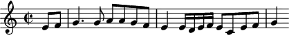 \version "2.18.2"
\header {
tagline = ##f
}
\score {
\new Staff \with {
}
<<
\relative c' {
\key c \major
\time 2/2
\tempo 2 = 68
\override TupletBracket #'bracket-visibility = ##f
%%%%
\partial 4 e8 f g4. g8 a8 a g f e4 e16 d e f e8 c e f g4
}
>>
\layout {
\context { \Score \remove "Metronome_mark_engraver" }
}
\midi {}
}