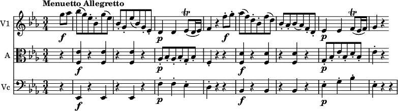 << \new Staff \with { instrumentName = #"V1 "}
\relative c'' {
\version "2.18.2"
\key ees \major
\tempo "Menuetto Allegretto"
\time 3/4
\tempo 4 = 140
s2 g'8\f aes
bes (g) ees-. bes-. g' (ees)
bes-. g-. ees' (bes) g-. ees-.
d4\p d ees8\trill (d16 ees)
f4 r
f'8-.\f g-.
aes (f) d-. bes-. f' (d)
bes-. aes-. bes (aes) f-. d-.
ees4\p ees f8\trill (ees16 f)
g4 r
}
\new Staff \with { instrumentName = #"A "} \relative c' {
\key ees \major
\clef "alto"
s2 r4 <f, ees'>4\f r <f ees'> r <f ees'> r
aes8-.\p bes-. aes-. bes-.g-. bes-.
f4-. r r
<f d'>4\f r <f d'> r <f d'> r
g8-.\p bes-. ees-. bes-. d-. bes-.
ees4-. r
}
\new Staff \with { instrumentName = #"Vc "} \relative c' {
\key ees \major
\clef "bass"
s2 r4 ees,,\f r ees r ees r
f'-.\p f-. ees-.
d-. r r
bes4\f r bes r bes r
ees-.\p g-. bes-. ees,-. r r
}
>>