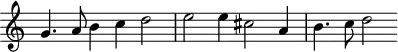 \header {
tagline = ##f
}
\score {
\new Staff \with {
\remove "Time_signature_engraver"
}
<<
\relative c'' {
\key c \major
%\clef bass
\time 3/2
\override TupletBracket #'bracket-visibility = ##f
%%% f° 3
g4. a8 b4 c d2 e e4 cis2 a4 b4. c8 d2
}
>>
\layout {
\context { \Score \remove "Metronome_mark_engraver" }
}
\midi {}
}