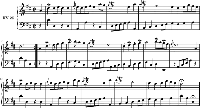 \version "2.14.2"
\header {
tagline = ##f
}
upper = \relative c'' {
\clef treble
\key d \major
\time 2/2
\tempo 2 = 70
\tempo "Allegro"
\set Staff.midiInstrument = #"piano"
\repeat volta 2 {
\partial4 a4
d\mordent d8 e d4 d
\grace fis16 (e8) d e fis e4 a8 g
\grace g8 (fis2)\trill e4 a
\grace a8 (g2)\trill fis
e4 d e8 g fis e
d2.
}
a4
d4.\mordent e8 fis4 g
a4.\mordent b8 a4 g
\grace g8 ( fis2)\trill e
d4-. e\mordent fis-. g\mordent
a2 b8\mordent a g\mordent fis
\grace fis8 ( e2.) a,4
d\mordent d8 e d4 d
\grace fis16 (e8) d e fis e4 a8 g
\grace g8 ( fis2)\trill e4 a
\grace a8 (g2)\trill fis
e4 d e8 g fis e
d2. \fermata \bar "|."
}
lower = \relative c {
\clef bass
\key d\major
\time 2/2
\set Staff.midiInstrument = #"piano"
\repeat volta 2 {
\partial4 r4
d'4 d, r4 d
a a' r4 cis,
d8 e fis g a4 a,
b cis d e8 fis
g4 fis g a
d a d,
}
r4 r4 a4 d e
fis4. g8 fis4 cis
d8 e fis g a a, b cis
d4 b d e
fis cis d d,
r8 a'8 cis e a4 r4
d4 d, r4 d
a a' r4 cis,
d8 e fis g a4 a,
b cis d e8 fis
g4 fis g a
d a d, \fermata
}
\score {
\new PianoStaff <<
\set PianoStaff.instrumentName = #"KV 25"
\new Staff = "upper" \upper
\new Staff = "lower" \lower
>>
\layout {
\context {
\Score
\remove "Metronome_mark_engraver"
}
}
\midi { }
}