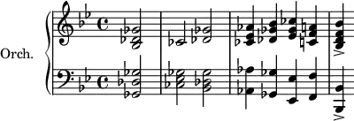 \version "2.18.2"
\header {
tagline = ##f
}
upper = \relative c'' {
\clef treble
\key bes \major
\time 4/4
\tempo 4 = 80
%\autoBeamOff
\set Staff.midiInstrument = #"string ensemble 1"
\set Score.currentBarNumber = #173
\bar ""
\partial 2 < ges des bes >2 ces,2 < ges' des >2 < aes ees ces >4 < bes ges des > < ces ges ees > < a! f c! >
< bes f d bes >->
}
lower = \relative c' {
\clef bass
\key bes \major
\time 4/4
\set Staff.midiInstrument = #"string ensemble 1"
< ges des ges, >2 < ges ees ces > < ges des bes > < aes aes, >4 < ges ges, > < ees ees, > < f f, > \tempo 4 = 50 < bes, bes, >->
}
\score {
\new PianoStaff <<
\set PianoStaff.instrumentName = #"Orch."
\new Staff = "upper" \upper
\new Staff = "lower" \lower
>>
\layout {
\context {
\Score
\remove "Metronome_mark_engraver"
}
}
\midi { }
}