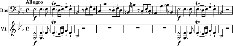 
<<
  \new Staff \with { instrumentName = #"Bas"}  \relative c {
         \clef "bass" 
         \tempo "Allegro"
         \key ees \major
         \time 4/4 
          \tempo 4 = 130
     ees2 \f ees4. ees8 ees4.  \trill (d16 ees) g4-! ees-!
     bes2 r8 ees8-. g-. ees-.
     c4 c' r8 d,8-. f-. d-.
     b4 b' r8 c,-. ees-. c-.
     aes4 aes' bes! bes,!
     ees2 \f ees4. ees8 ees4.  \trill (d16 ees) g4-! ees-!
     bes2 r2
}

 \new Staff \with { instrumentName = #"V1 "} \relative c' {      
         \clef  "treble"  
         \key ees \major
         \time 4/4   
        
         <g ees'>2  \f <g ees'>4. ees'8
         ees4. \trill (d16 ees) g4-! ees-! bes2 r
         R1*3
         <g ees'>2  \f <g ees'>4. ees'8
         ees4. \trill (d16 ees) g4-! ees-! bes2 r
}
>>
