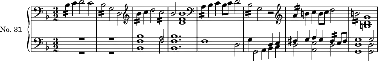 
\version "2.14.2"
\header {
  tagline = ##f
}

MordbesqUp   = { \tag #'print { bes''4:16 } \tag #'midi { bes16 a bes~ bes  }  }
Mordaq   = { \tag #'print { a4:16 } \tag #'midi { a16 g a~ a }  }
MordaqUp   = { \tag #'print { a'4:16 } \tag #'midi { a16 g a~ a }  }
Mordbesq   = { \tag #'print { bes4:16 } \tag #'midi { bes16 a bes~ bes  }  }
Mordfisq   = { \tag #'print { fis4:16 } \tag #'midi { fis16 e fis~ fis  }  }

MordcB   = { \tag #'print { c2:16 } \tag #'midi { c16 bes c8~ bes4  }  }
MordbesB   = { \tag #'print { bes2:16 } \tag #'midi { bes16 a bes8~ bes4  }  }
MordbB   = { \tag #'print { b2:16 } \tag #'midi { b16 a b8~ b4  }  }
MordcB   = { \tag #'print { c2:16 } \tag #'midi { c16 b c8~ c4  }  }

upper = \relative c' {
  \clef bass
  \key d \minor
  \time 3/2
  \tempo 2 = 78
  \autoBeamOff
  \set Staff.midiInstrument = #"harpsichord"

    \Mordbesq c4 d2 c | \MordbesB g2 d |
  \clef treble 
    \MordbesqUp c4 d2 \MordcB
    << { bes2 } \\ { s2 << bes1 f1 d1 >> } >> 
  \clef bass
    \Mordaq bes4 c bes8[c] d2
    \MordbesB g2 r2
  \clef treble 
    \MordaqUp b4 c b8[c] d2
    \MordbB << g1 d1 b1 >>

}

lower = \relative c {
  \clef bass
  \key d \minor
  \time 3/2
  \set Staff.midiInstrument = #"harpsichord"

    << { s2 r1 } \\ { s2 r1 } >> 
    << { s2 r1 } \\ { s2 r1 } >>

    << { s1 a'2 } \\ { << bes1 f1 bes, >> f'2 } >> 
    << bes1. f1. bes,1. >>

    f'1 d2
    << { s2 s2 d4 e } \\ { g4 g,2 a4 bes c } >>

    << { fis4 g a g \Mordfisq e8 fis } \\ { d2 << e2 a,2 >> d2 } >> 
    << { g1 g2 } \\ { << d1 g,1 >> << d'2 g,2 >> } >>

}


 thePianoStaff = \new PianoStaff <<
    \set PianoStaff.instrumentName = #"No. 31"
    \new Staff = "upper" \upper
    \new Staff = "lower" \lower
  >>

\score {
  \keepWithTag #'print \thePianoStaff
  \layout {
    \context {
      \Score
      \remove "Metronome_mark_engraver"
      %\override SpacingSpanner.common-shortest-duration = #(ly:make-moment 1/3) 
    }
  }
}

\score {
  \keepWithTag #'midi \thePianoStaff
  \midi { }
}
