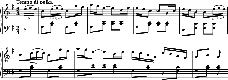 \unfoldRepeats
\new PianoStaff <<
\new Staff = "right" \with {
midiInstrument = "acoustic grand"
} \relative c'' {
\key g \major
\time 2/4
\tempo "Tempo di polka"
\stemNeutral
\partial 8*1 \times 2/3 { d16( e d) }
b8 \times 2/3 { d16( e d) } b8 g'16 fis
a g e8 ~ e c16 e
e d b8 ~ b g16 b
d c a8 ~ a \times 2/3 { d16( e d) }
b8 \times 2/3 { d16( e d) } b8 g'16 fis
a g e8 ~ e c16 e
e d b g d' c a fis
g8 b g \bar ":|"
}
\new Staff = "left" \with {
midiInstrument = "acoustic grand"
} {
\clef bass \relative c' {
\key g \major
\time 2/4
r8
g <b d> g <b d>
g <c e> <c e> <c e>
g <b d> <b d> <b d>
d, <fis c'> <fis c'> <fis c'>
g <b d> g <b d>
g <c e> <c e> <c e>
g <b d> d, <fis c'>
g <b d> <b d>
}
}
>>
\midi {
\context {
\Score
tempoWholesPerMinute = #(ly:make-moment 60 4)
}
}