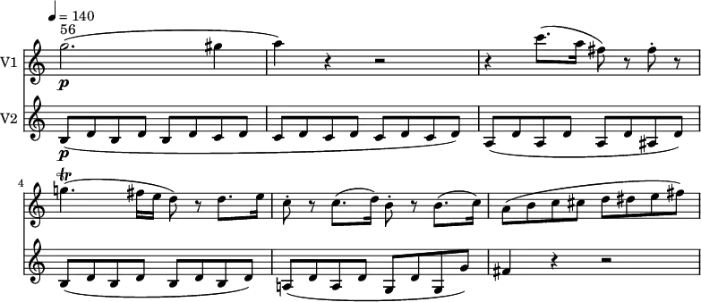 <<
\new Staff \with { instrumentName = #"V1 "} \relative c'' {
\version "2.18.2"
\key c \major
\time 4/4
\tempo 4 = 140
\omit Staff.TimeSignature
g'2.\p^\markup { 56} (gis4
a) r4 r2
r4 c8. (a16 fis8) r8 fis-. r8
g!4.\trill (fis16 e d8) r8 d8. e16)
c8-. r8 c8. (d16) b8-. r8 b8. (c16)
a8 (b c cis d dis e fis)
}
\new Staff \with { instrumentName = #"V2 "} \relative c'' {
\key c \major
\time 4/4
\omit Staff.TimeSignature
b,8\p (d b d b d c d c d c d c d c d)
a (d a d a d ais d)
b (d b d b d b d)
a! (d a d g, d' g, g')
fis4 r4 r2
}
>>