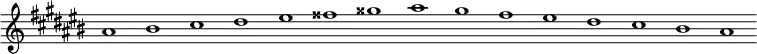 \new Staff {
\relative c'' {
\key ais \minor
\override Staff.TimeSignature #'stencil = ##f
\override Staff.BarLine #'stencil = ##f
ais1 bis cis dis eis fisis gisis ais gis fis eis dis cis bis ais
}
}
\midi {
\context {
\Score
tempoWholesPerMinute = #(ly:make-moment 120 1)
}
}