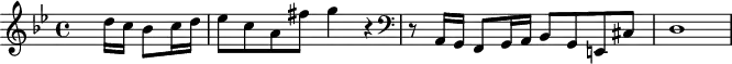 \version "2.18.2"
\header {
tagline = ##f
}
\score {
\new Staff \with {
}
<<
\relative c'' {
\key g \minor
\time 4/4
%\set Score.barNumberVisibility = #all-bar-numbers-visible
\set Score.currentBarNumber = #5
%\bar ""
%%% Bach - contre sujet ^\markup{5}
\partial 2 s8
d16 c bes8 c16 d ees8 c a fis' g4 r4
{ \clef bass
r8 a,,,16 g f8 g16 a bes8 g e! cis' d1 }
}
>>
\layout {
\context { \Score \remove "Metronome_mark_engraver" }
}
\midi {}
}