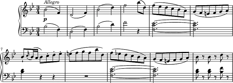 \version "2.18.2"
\header {
tagline = ##f
}
upper = \relative c'' {
\clef treble
\key bes \major
\tempo "Allegro"
\time 3/4
\tempo 4 = 140
bes2\p ^\markup{ \italic {Allegro} } ( f4)
d2 (f4) bes2 (d4) f2 bes8 (d,)
f (ees d c bes a)
g (f e f g a)
bes-! \grace c16 (bes16) (a bes8) c-. d-. ees-.
e (f g f bes d,)
f (ees! d c bes a)
g (f e f g a)
bes r bes r d r
}
lower =\relative c' {
\clef bass
\key bes \major
bes2 ( f4)
d2 (f4) bes2 (d4) f2 r4
<f, c' ees>2. ~ <f c' ees>
<bes d>4 r r R1*3/4
<f c' ees>2. ~ <f c' ees>
<bes d>8 r <bes d> r <bes f'> r
}
\score {
\new PianoStaff <<
\new Staff = "upper" \upper
\new Staff = "lower" \lower
>>
\layout {
\context {
\Score
\remove "Metronome_mark_engraver"
}
}
\midi { }
}