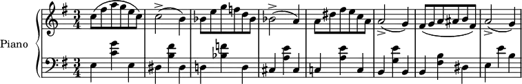 \version "2.14.2"
\header {
tagline = ##f
}
upper = \relative c'' {
\clef treble
\key e \minor
\time 3/4
\tempo 4 = 130
\tempo "Vivace"
%\autoBeamOff
\set Score.currentBarNumber = #26
c8( fis a g e c) c2->( b4) bes8 e g f! d bes bes2->( a4)
a8 dis fis e c a a2->( g4) fis8( g a ais b fis) a2->( g4)
}
lower = \relative c {
\clef bass
\key e \minor
\time 3/4
e4 < g' c, >4 e, dis < fis' b, > dis, d! < f'! bes, > d,
cis < e' a, > cis, c! < e' a, > c, b < e' g, > b,
b < b' fis > dis, e e' b
}
\score {
\new PianoStaff <<
\set PianoStaff.instrumentName = #"Piano"
\new Staff = "upper" \upper
\new Staff = "lower" \lower
>>
\layout {
\context {
\Score
\remove "Metronome_mark_engraver"
}
}
\midi { }
}
