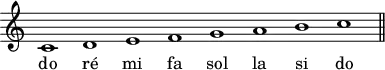 \header {
tagline = ##f
}
\score {
\new Staff \with {
\remove "Time_signature_engraver"
}
\relative c' {
\time 8/1
\tempo 1 = 55
\autoBeamOff
\clef treble
\override Rest #'style = #'classical
c1 d e f g a b c
\bar "||"
}
\addlyrics {
do ré mi fa sol la si do
}
\layout {
\context {
\Score
\remove "Metronome_mark_engraver"
}
}
\midi {}
}