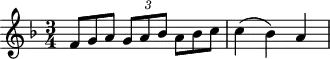
\header {
  tagline = ##f
}

\score {
  \new Staff \with {

  }
<<
  \relative c' {
    \key f \major
    \time 3/4
    \override TupletBracket #'bracket-visibility = ##f 
    \autoBeamOff

     %%%%%%%%%%%%%%%%%%%%%%%%%% K5
     {\times 2/3 { f8[ g a]  g[ a bes] a[ bes c] }} c4( bes) a

  }
>>
  \layout {
    \context {
      \remove "Metronome_mark_engraver"
    }
  }
  \midi {}
}
