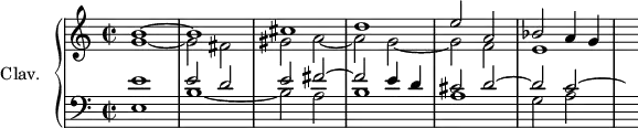 \version "2.18.2"
\header {
tagline = ##f
}
upper = \relative c'' {
\clef treble
\key c \major
\time 2/2
\tempo 2 = 66
\tempo "Con brio"
\set Staff.midiInstrument = #"church organ"
<< { b1~ b cis d e2 a, bes a4 g } \\ { g1~ g2 fis gis a~ a g~ g f e1 s8 } >>
}
lower = \relative c' {
\clef bass
\key c \major
\time 2/2
\set Staff.midiInstrument = #"church organ"
<< { e1 e2 d e fis~ fis e4 d cis2 d~ d c~ \hideNotes c8 } \\ { e,1 b'1~ b2 a b1 a g2 a } >>
}
\score {
\new PianoStaff <<
\set PianoStaff.instrumentName = #"Clav."
\new Staff = "upper" \upper
\new Staff = "lower" \lower
>>
\layout {
\context {
\Score
\remove "Metronome_mark_engraver"
}
}
\midi { }
}