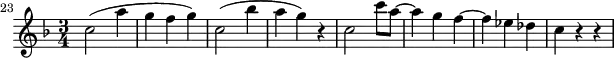 \header {
tagline = ##f
}
\score {
\new Staff \with {
}
<<
\relative c'' {
\key f \major
\time 3/4
\tempo 4 = 80
\override TupletBracket #'bracket-visibility = ##f
%\autoBeamOff
\set Staff.midiInstrument = #"string ensemble 1"
\set Score.currentBarNumber = #23
\bar ""
%%% AB 5-3 th2
c2( a'4 g f g) c,2( bes'4 a g) r4 c,2 c'8 a~ a4 g f4~ f ees des c r4 r4
}
>>
\layout {
\context { \Score \remove "Metronome_mark_engraver"
}
}
\midi {}
}