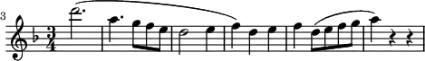 \header {
tagline = ##f
}
\score {
\new Staff \with {
}
<<
\relative c'' {
\key f \major
\time 3/4
\tempo 4 = 80
\override TupletBracket #'bracket-visibility = ##f
%\autoBeamOff
\set Staff.midiInstrument = #"string ensemble 1"
\set Score.currentBarNumber = #3
\bar ""
%%% AB 5-3 th1
d'2.( a4. g8 f e d2 e4 f) d e4 f d8( e f g a4) r4 r4
}
>>
\layout {
\context { \Score \remove "Metronome_mark_engraver"
}
}
\midi {}
}