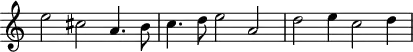 \header {
tagline = ##f
}
\score {
\new Staff \with {
\remove "Time_signature_engraver"
}
<<
\relative c'' {
\key c \major
%\clef bass
\time 3/2
\override TupletBracket #'bracket-visibility = ##f
%%% f° 5
e2 cis a4. b8 c4. d8 e2 a, d e4 c2 d4
}
>>
\layout {
\context { \Score \remove "Metronome_mark_engraver" }
}
\midi {}
}