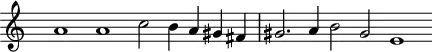 \header {
tagline = ##f
}
\score {
\new Staff \with {
\remove "Time_signature_engraver"
}
<<
\relative c'' {
\key c \major
%\clef bass
\time 4/1
\override TupletBracket #'bracket-visibility = ##f
%%% f° 61-65
s2 a1 a c2 b4 a gis fis | gis2. a4 b2 gis e1
}
>>
\layout {
\context { \Score \remove "Metronome_mark_engraver" }
}
\midi {}
}