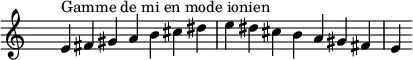 \relative c' {
\clef treble \time 7/4 \hide Staff.TimeSignature e4^\markup { Gamme de mi en mode ionien } fis gis a b cis dis e dis cis b a gis fis e
}