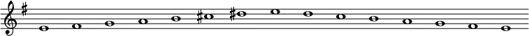 \new Staff {
\relative c' {
\key e \minor
\override Staff.TimeSignature #'stencil = ##f
\override Staff.BarLine #'stencil = ##f
e1 fis g a b cis dis e d c b a g fis e
}
}
\midi {
\context {
\Score
tempoWholesPerMinute = #(ly:make-moment 120 1)
}
}
